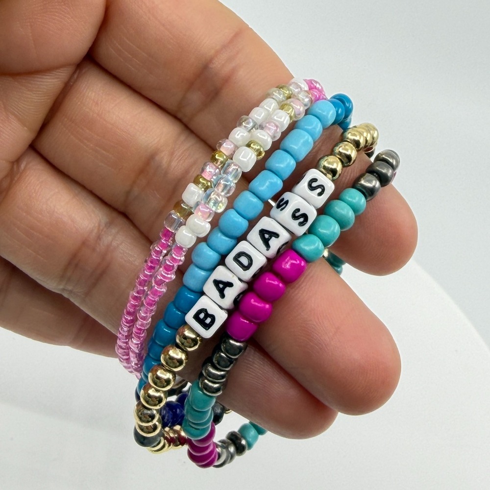 Badass Letter Bead Multi-Strand Bracelet Stack - Boho Layering Jewelry
